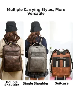 Detail of the vintage PU leather backpack with luggage strap for business travel use