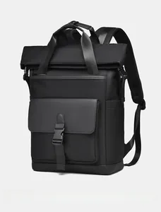 Micro side view of a black business backpack showing waterproof fabric and buckle detail