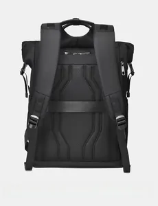 Men's black business backpack with breathable mesh back panel and luggage strap detail