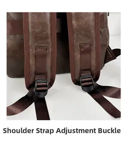 Detail of adjustable shoulder strap buckle on dark brown leather business backpack