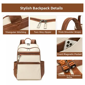 Detail view of contrast color backpack featuring metal zippers and leather tassels