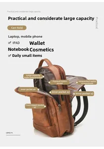 Detailed interior of brown PU leather business backpack showing multiple pockets and compartments