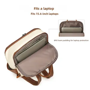 Detail of 15.6 inch laptop compartment with EPE foam padding in beige and brown backpack