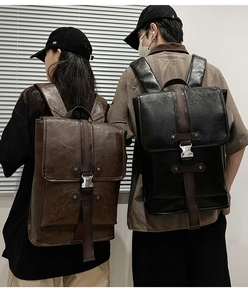 Retro leather backpacks in brown and black showing large capacity and unisex vintage style