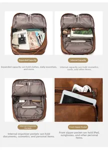 Detail view of brown leather backpack interior compartments for laptop and daily essentials