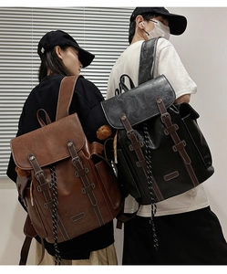 Detailed view of vintage PU leather backpacks with drawstring closure and buckle straps