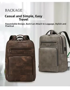 Detail of expandable PU leather business backpack with luggage strap for travel