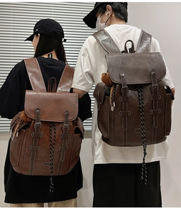 Rear view of vintage faux leather backpacks shown on male and female models for travel