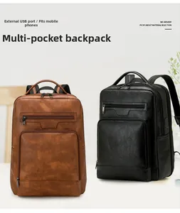 Detail of PU leather business backpack featuring side USB charging port and multi-pockets
