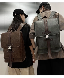 Detail of vintage canvas backpacks with metal buckles and faux leather straps for couples