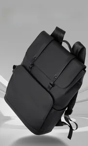 Detail of minimalist waterproof black backpack with leather straps on a modern 3D background
