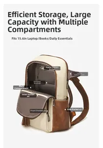 Detailed interior storage view of two-tone backpack showing laptop compartment and pockets