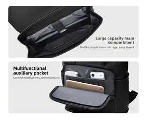 Detail of laptop compartment and multi-functional interior pockets in black backpack