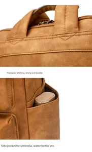 Détail d'un sac à dos marron montrant des coutures renforcées et une poche latérale pour bouteille