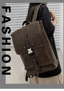 Retro dark brown PU leather backpack shown on a model with vintage metal buckles