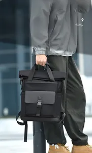 Detail of multi-functional black business backpack with buckle closure for men
