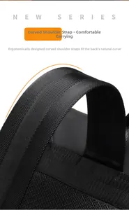 Detail of ergonomic curved straps and breathable mesh on a black business backpack