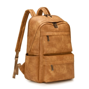 Détail d'un sac à dos étanche pour ordinateur portable marron rétro à poches multiples