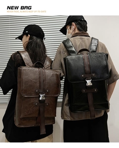 Men's retro leather backpack with metal buckles shown on models for size comparison