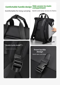 Detail view of reinforced handle, side zippers, adjustable straps, and buckle of black backpack