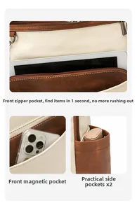 Detail view of large capacity beige backpack with front zipper pocket and side pockets