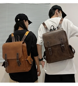 Close-up of vintage PU leather backpacks with dual buckle straps and side pockets
