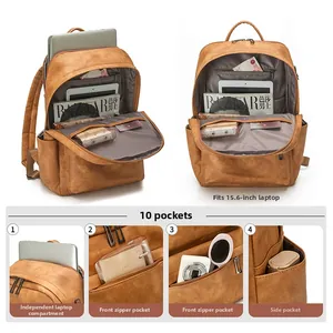 Détail du sac à dos vintage marron avec 10 poches et compartiment pour ordinateur 15,6