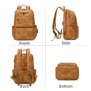 Vues de face, de profil et de dos d'un sac à dos imperméable pour ordinateur en marron