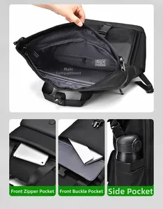 Detail view of the multi-compartment storage system and large capacity inside the black backpack