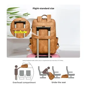 Sac à dos voyage en cuir marron avec sangle de fixation pour poignée de valise