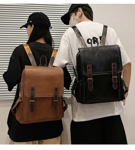 Detail view of retro PU leather backpacks in black and brown colors worn by models