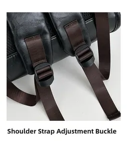 Detail of adjustable shoulder strap buckle and breathable mesh on black leather backpack