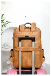 Sac à dos en cuir PU marron avec sangle pour bagage idéale pour les voyages d'affaires