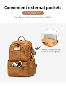 Détails du sac à dos en cuir marron avec poches fonctionnelles pour ordinateur portable