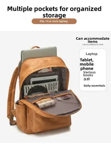 Organisation intérieure du sac à dos en cuir marron avec compartiments pour PC