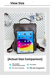 Detail view of retro PU leather backpack showing its large capacity compared to an iPad
