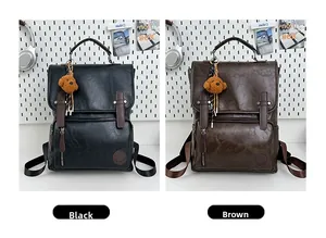 Detail view of vintage PU leather backpack buckles and brown plush bear charm accessory