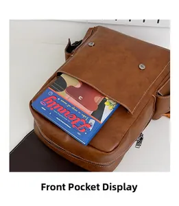 Close-up of front magnetic flap pocket on vintage brown leather backpack showing capacity