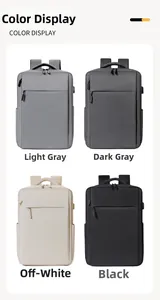 Business laptop backpack shown in four colors: light grey, dark grey, beige, and black