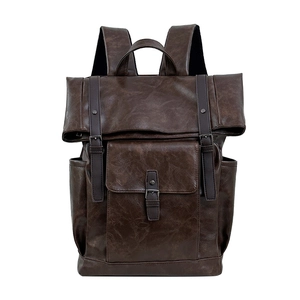 Vintage dark brown PU leather backpack with buckle straps and large main compartment