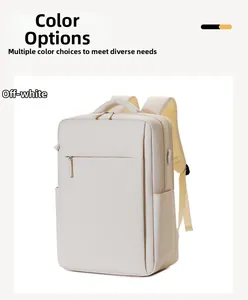 Detail view of the beige waterproof laptop backpack with front pocket and side storage