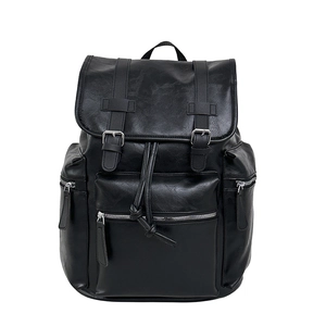 Vintage PU Leather Backpack Large Capacity Multi Pocket Drawstring Flap School Travel Bag Men Unisex Casual British Style