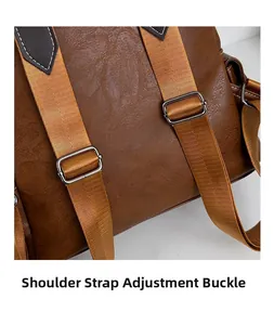 Detail of dark brown leather backpack with adjustable straps and silver metal buckles