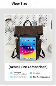 Detail view of large capacity vintage PU leather backpack showing interior storage space