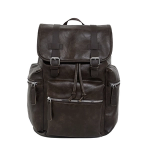 Dark brown matte PU leather backpack with vintage texture and double buckle straps