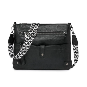 Retro PU Leather Crossbody Bag For Women Multi Pocket Shoulder Purse With Woven Wide Strap And Tassel