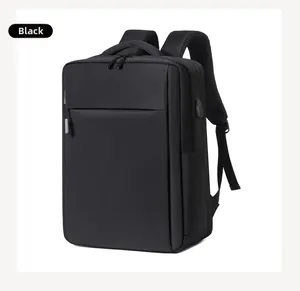Side view of black business laptop backpack with external USB charging port and oxford fabric