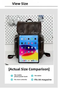 Detail view of large capacity dark brown PU leather backpack compared with iPad