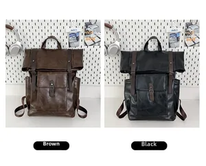 Detail view of vintage PU leather backpacks in brown and black with metal buckle straps