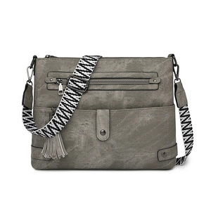 Retro washed leather crossbody bag in grey with ethnic strap and multiple pockets